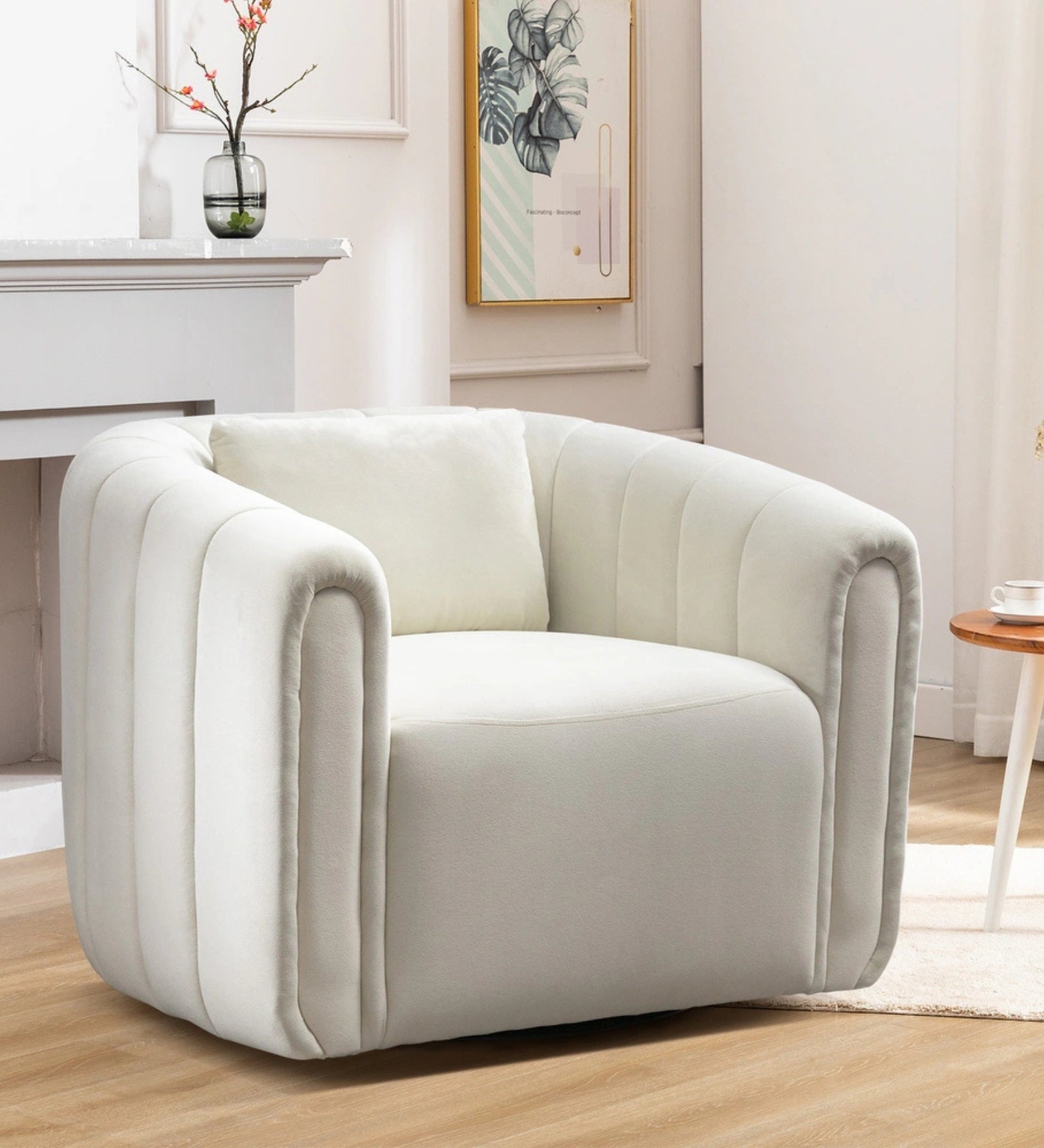 Oreo Velvet Swivel Chair in Warm White Colour