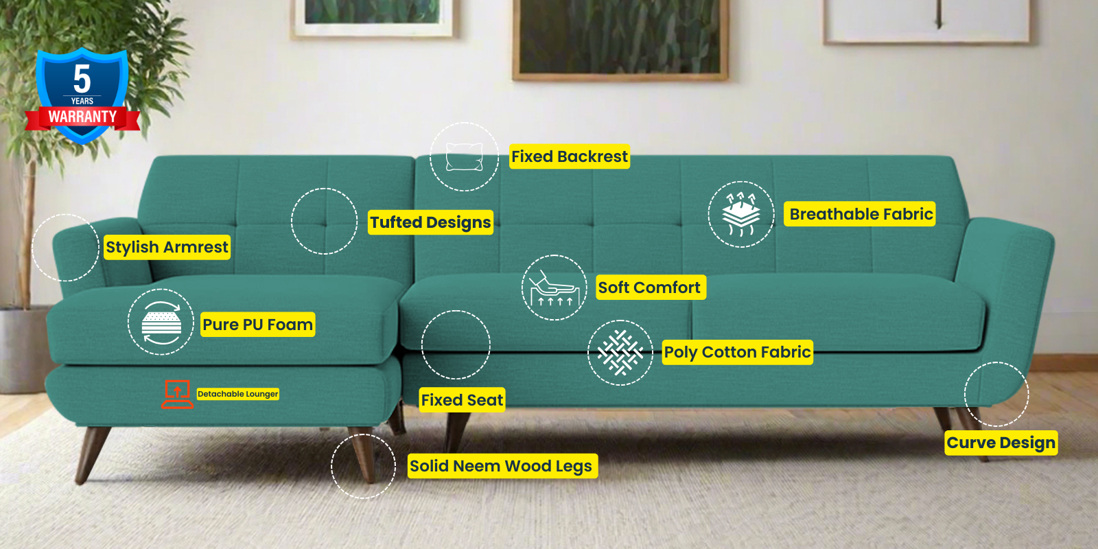 Jasmin Fabric RHS Sectional Sofa (3+ Lounger) In Sea Green Colour - Febonic Living