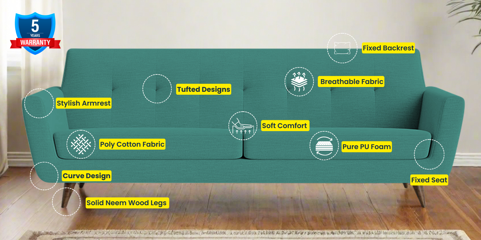 Jasmin Fabric 3 Seater Sofa In Sea Green Colour - Febonic Living