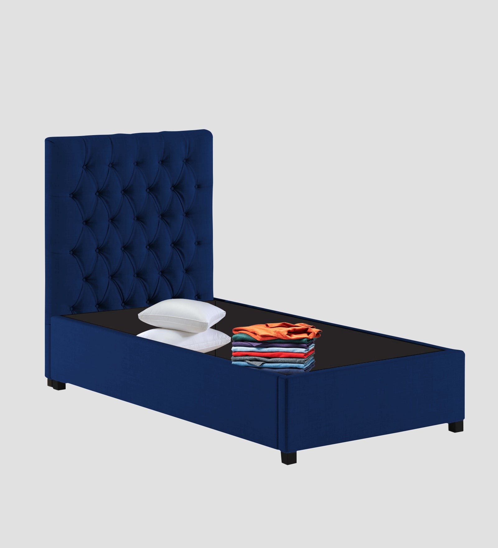 Isko Fabric Upholstered Single Bed in Royal Blue Colour with Box Storage - Febonic Living