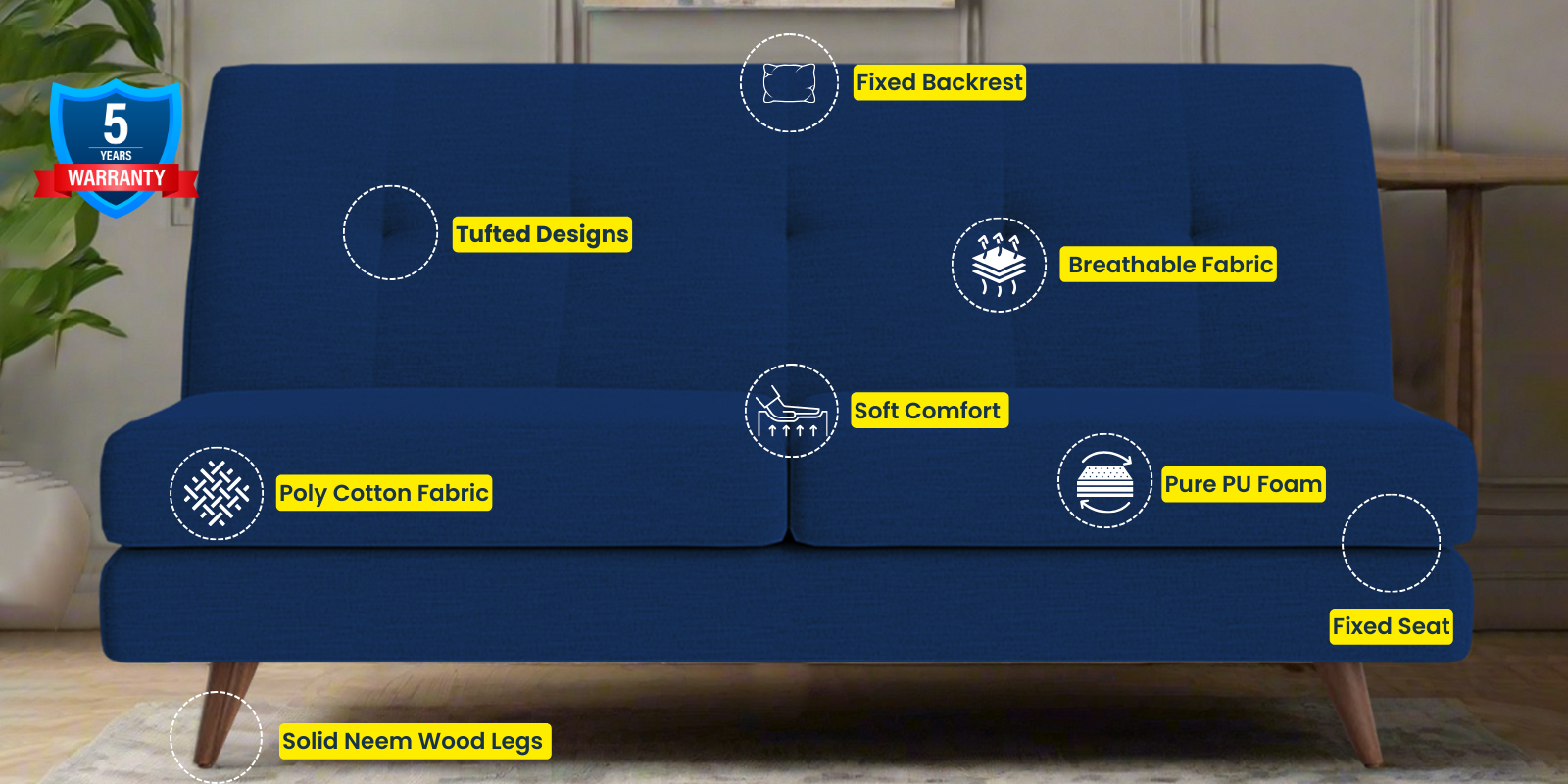 Jasmin Fabric 2 Seater Armless Sofa In Royal Blue Colour - Febonic Living