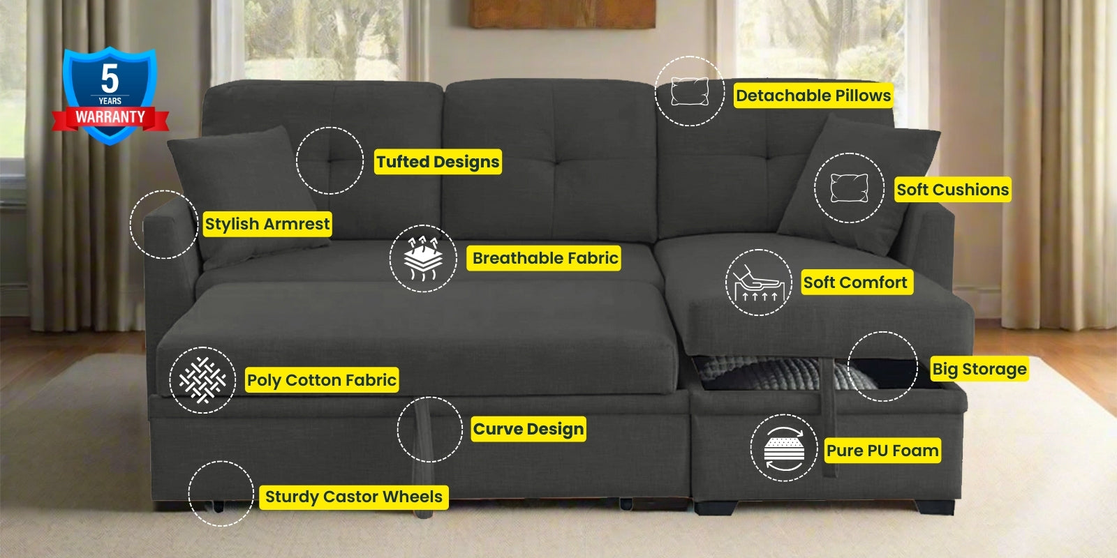 Jody Fabric 3 Seater Pull Out Sofa Cum Bed In Charcoal Grey Colour With Storage - Febonic Living