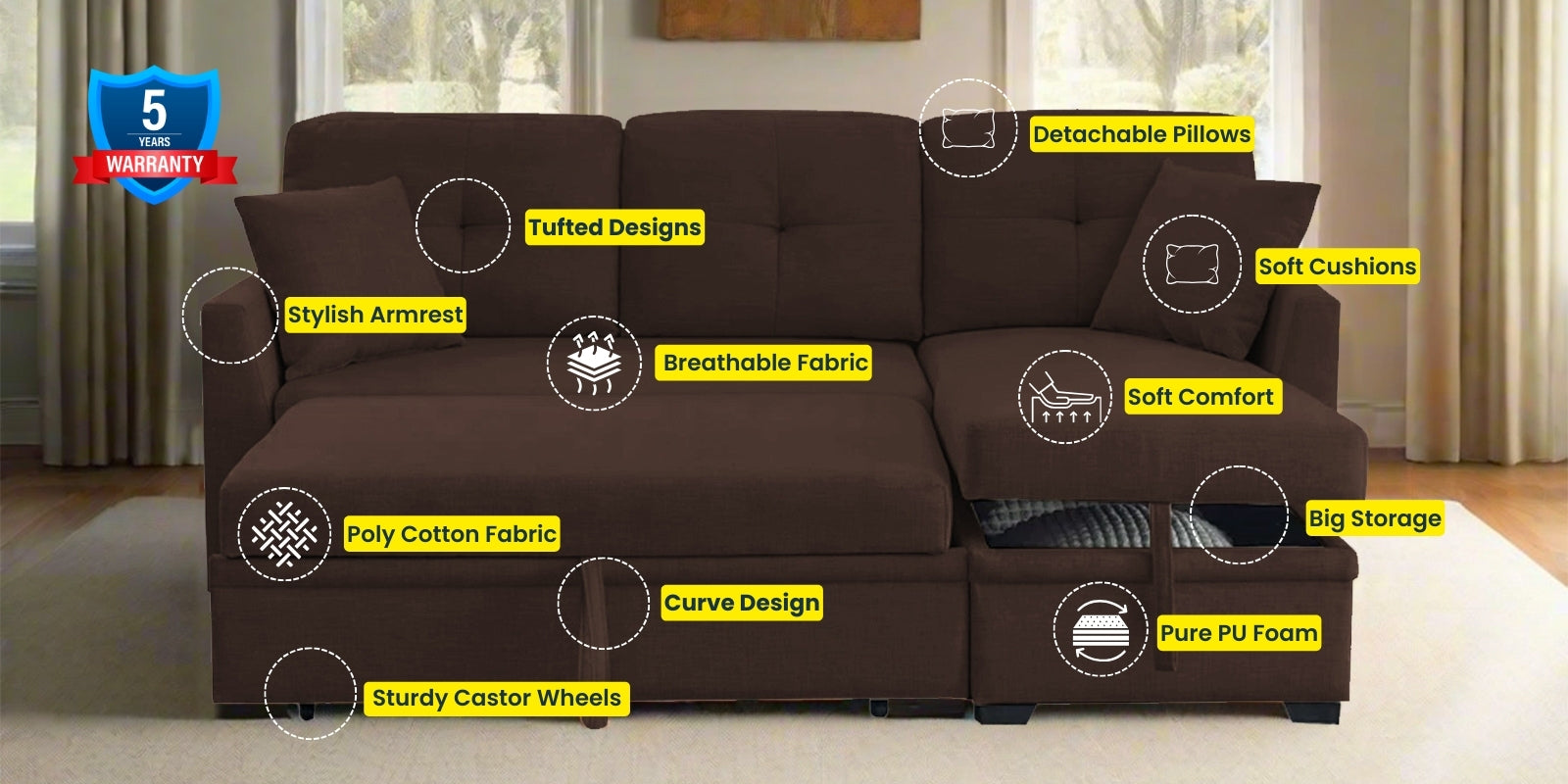 Jody Fabric 3 Seater Pull Out Sofa Cum Bed In Coffee Brown Colour With Storage - Febonic Living