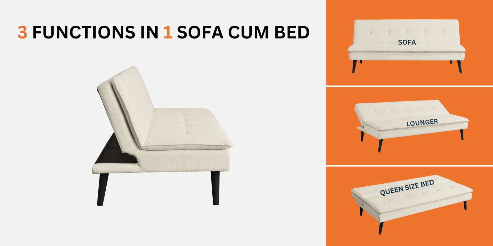 Toner Fabric 3 Seater Convertible Sofa Cum Bed In Ivory Cream Colour - Febonic Living