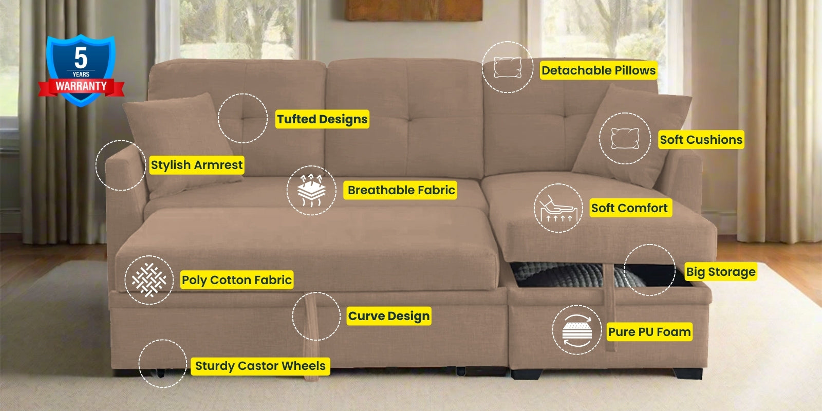 Jody Fabric 3 Seater Pull Out Sofa Cum Bed In Cookie Beige Colour With Storage - Febonic Living