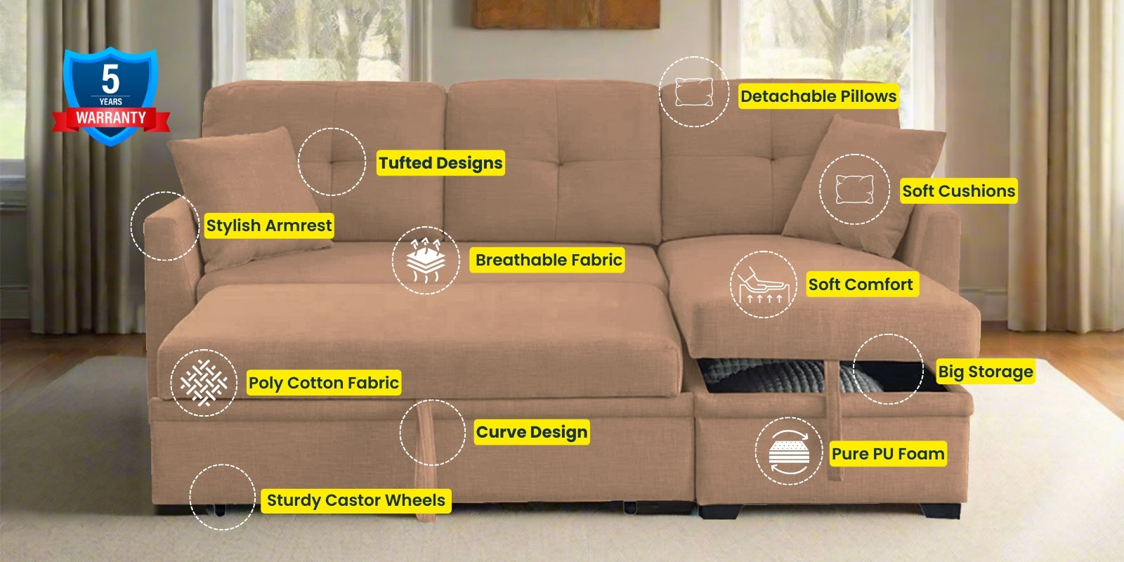 Jody Fabric 3 Seater Pull Out Sofa Cum Bed In Cosmic Beige Colour With Storage - Febonic Living