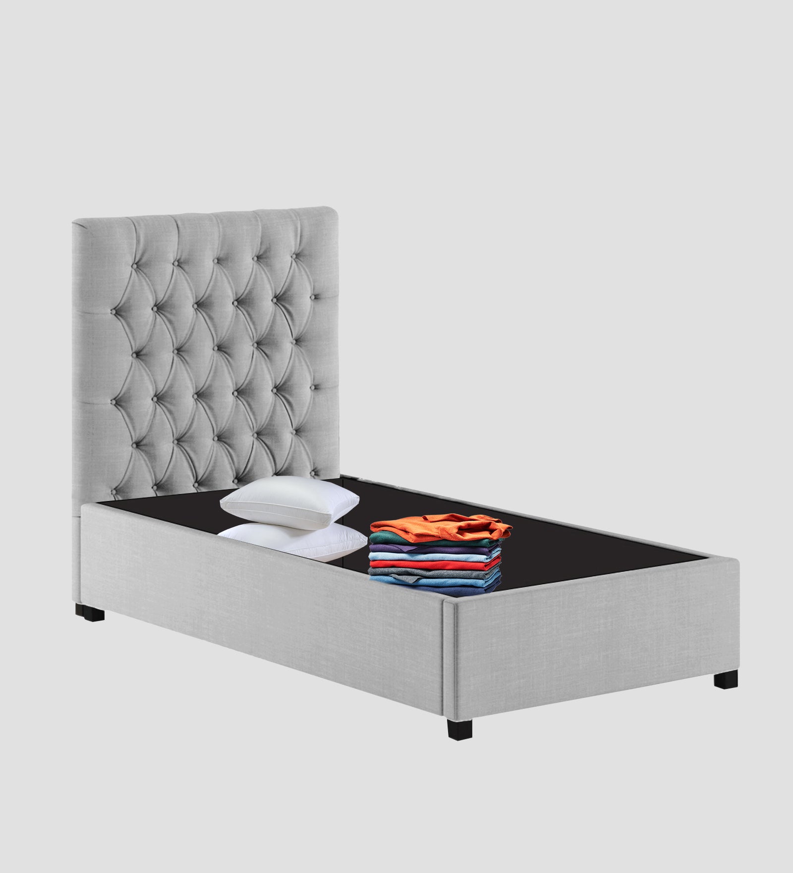 Isko Fabric Upholstered Single Bed in Lit Grey Colour with Box Storage - Febonic Living
