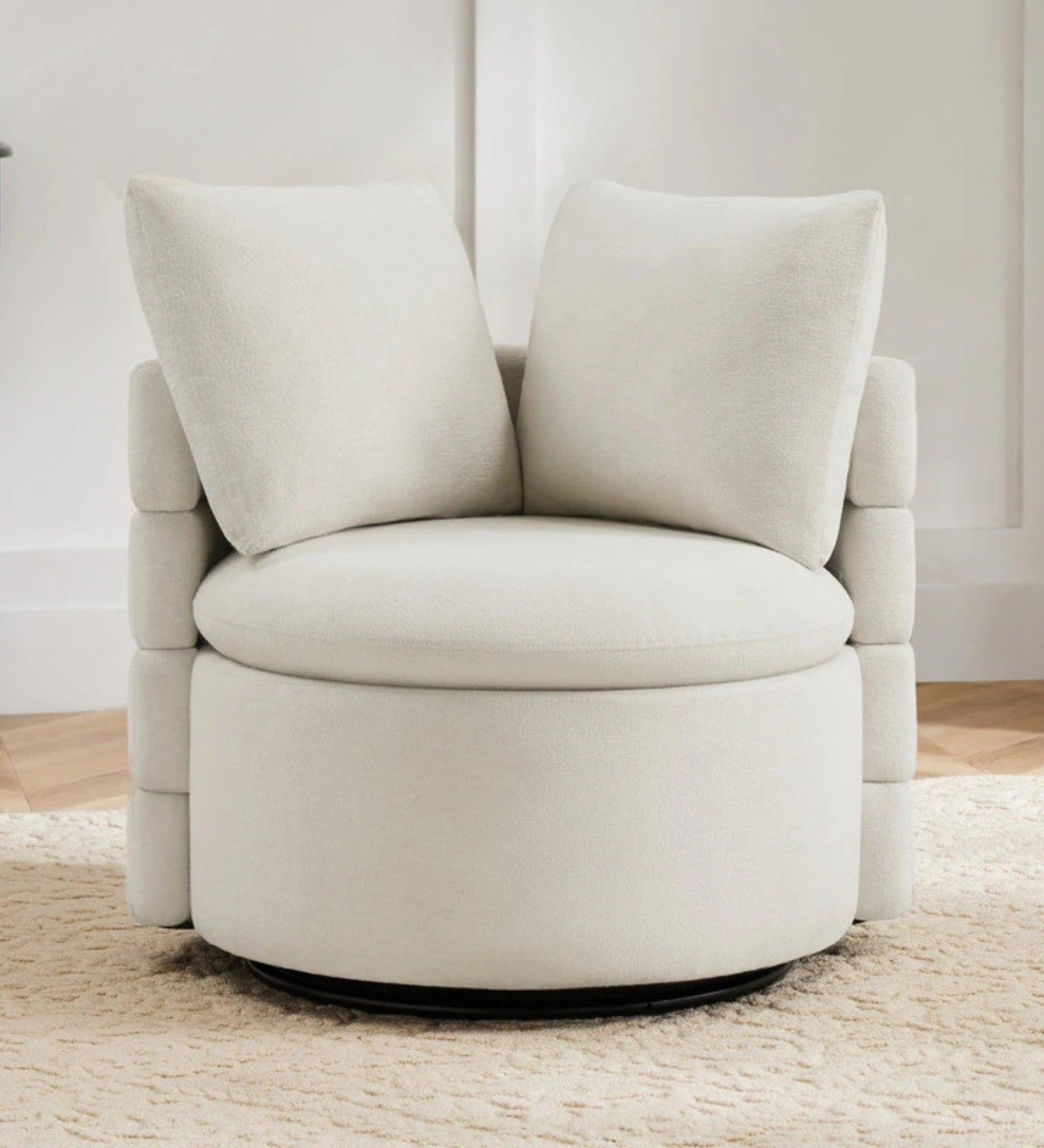 Rocco Fabric Swivel Chair in Ivory Cream Colour With Storage
