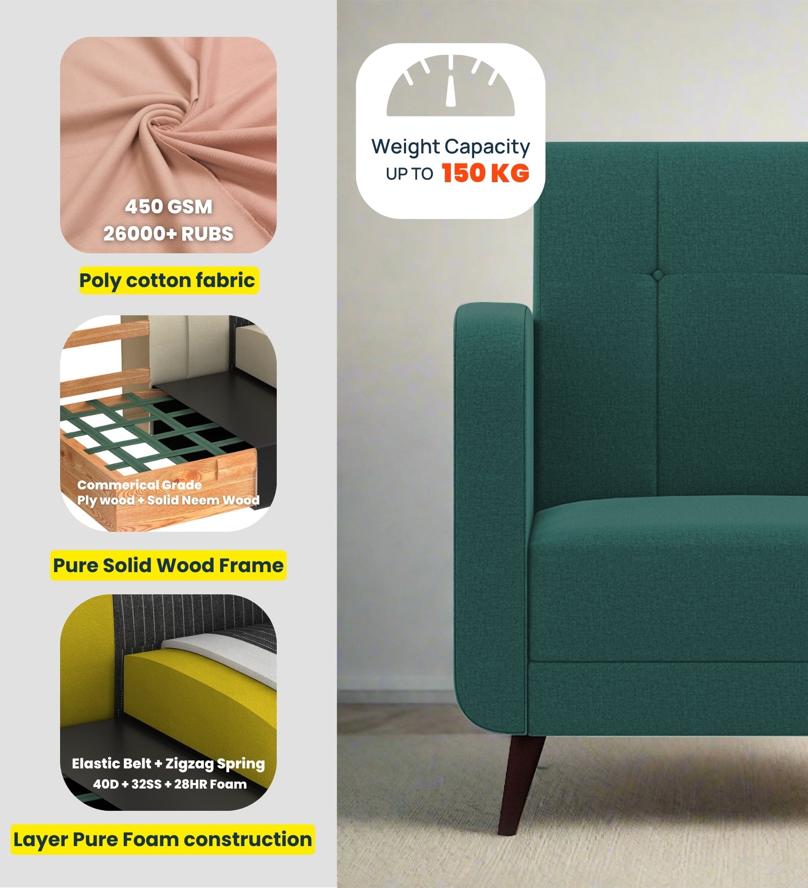 Wiki Velvet 1 Seater Sofa in Amazon Green Colour