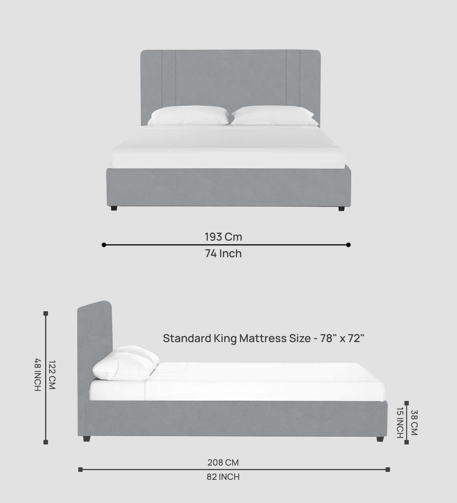 Asyra Velvet King Size Bed in Concrete Grey Colour With Box Storage - Febonic Living