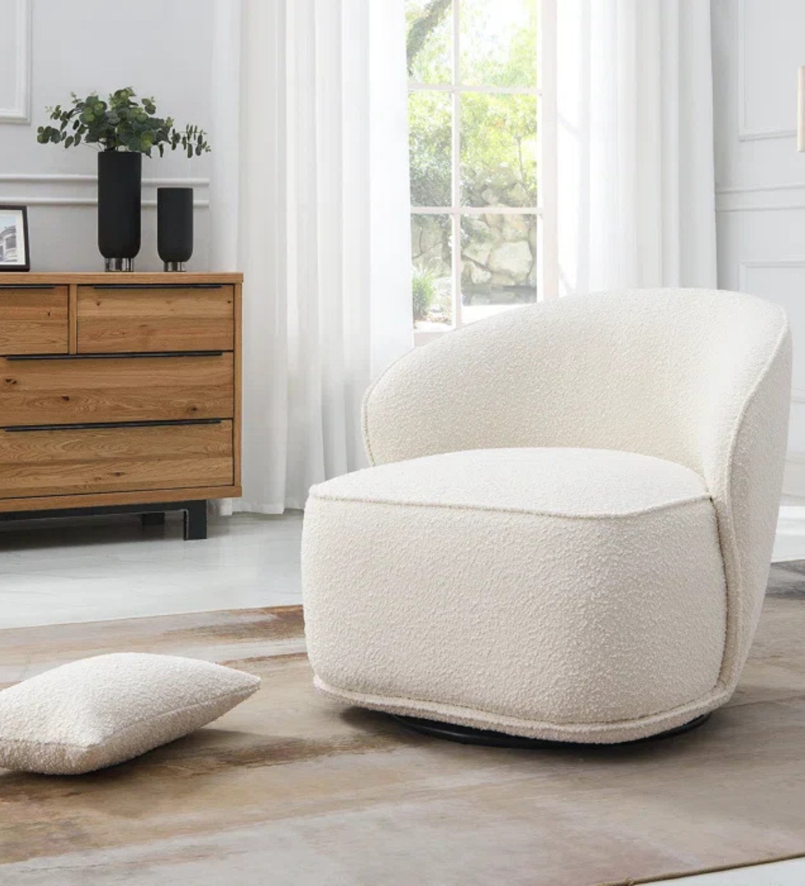 Hank Boucle Fabric Swivel Chair in Shell White Colour