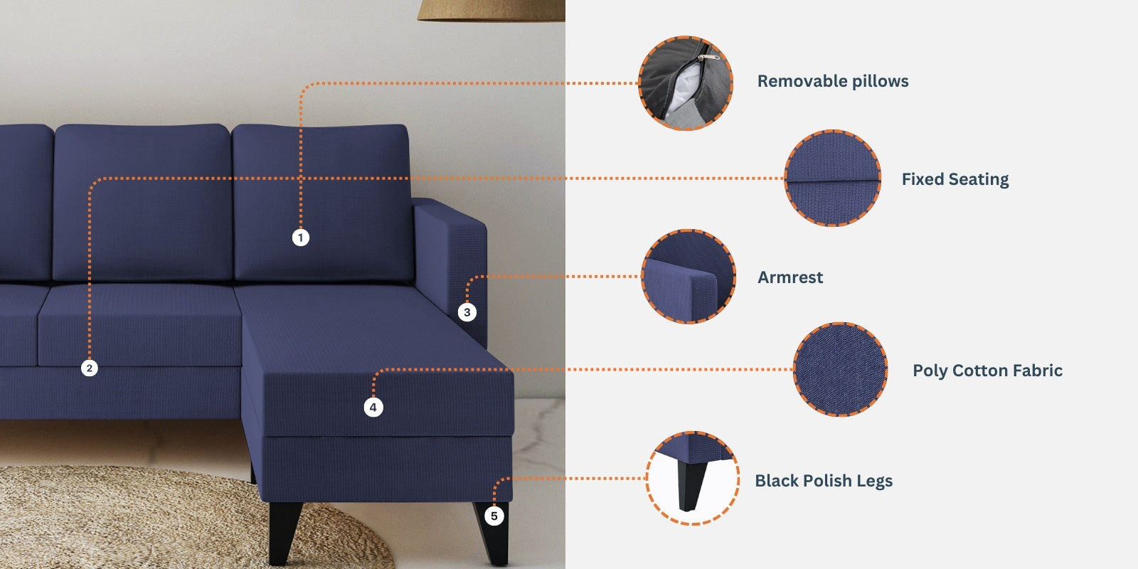 Nori Fabric LHS Sectional Sofa (3+Lounger) In Dark Orange Colour - Febonic Living