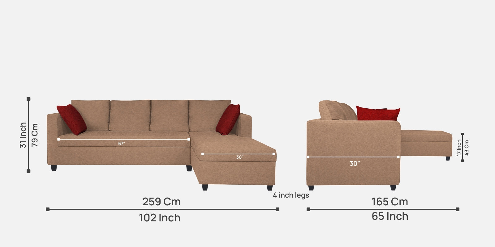 Nebula Fabric LHS Sectional Sofa (3+Lounger) In Cosmic Beige Colour - Febonic Living