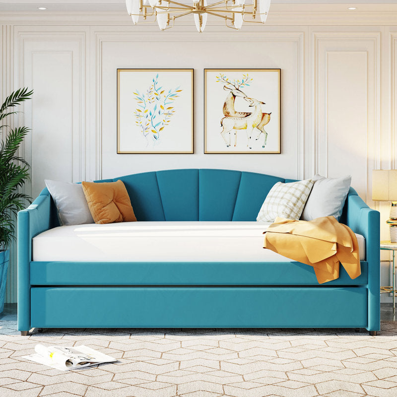 Doom Velvet Pull Out Sofa Cum Bed In Barmunda Aqua Colour - Febonic Living