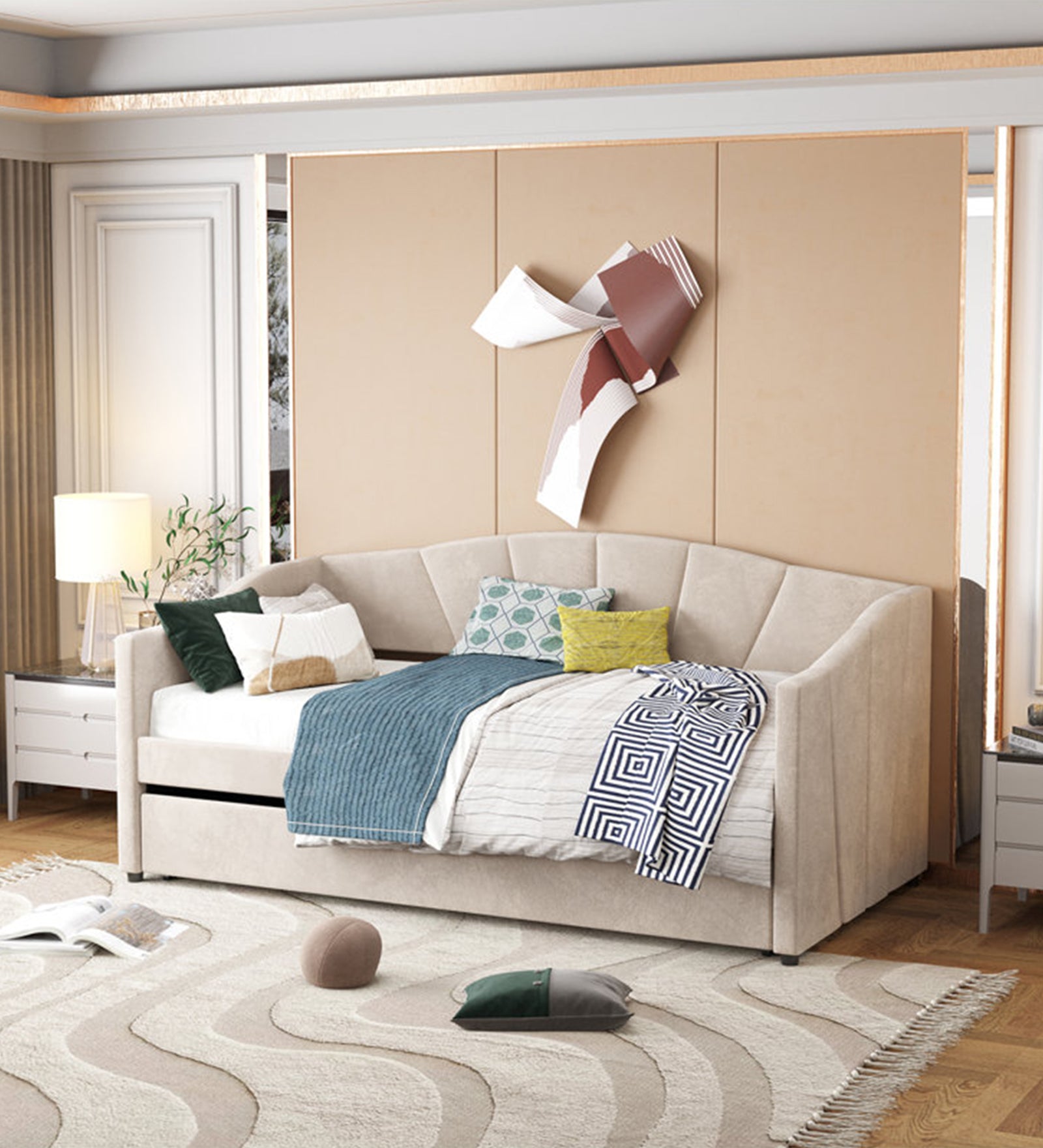 Doom Velvet Pull Out Sofa Cum Bed In Camel Beige Colour - Febonic Living