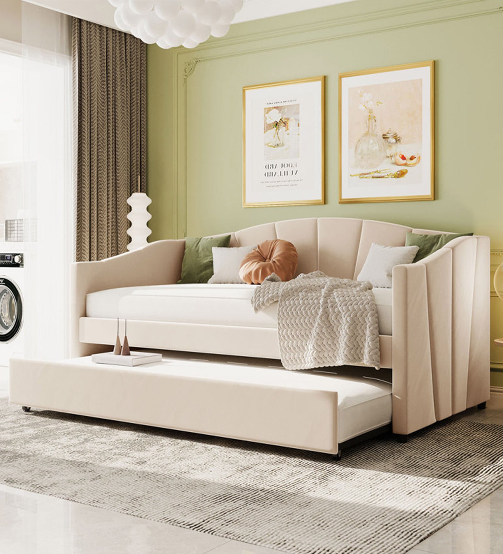 Doom Velvet Pull Out Sofa Cum Bed In Camel Beige Colour - Febonic Living