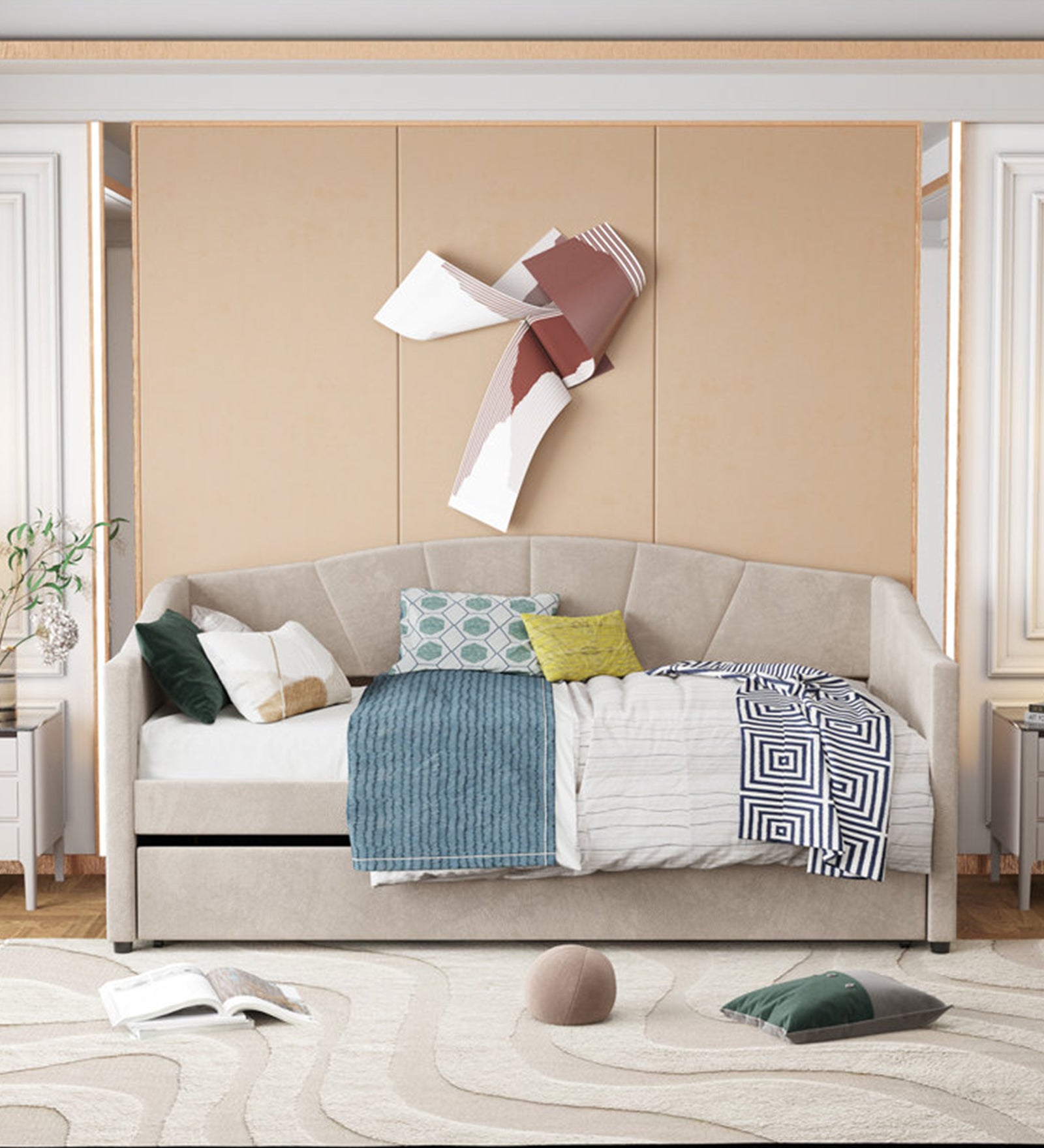 Doom Velvet Pull Out Sofa Cum Bed In Camel Beige Colour - Febonic Living