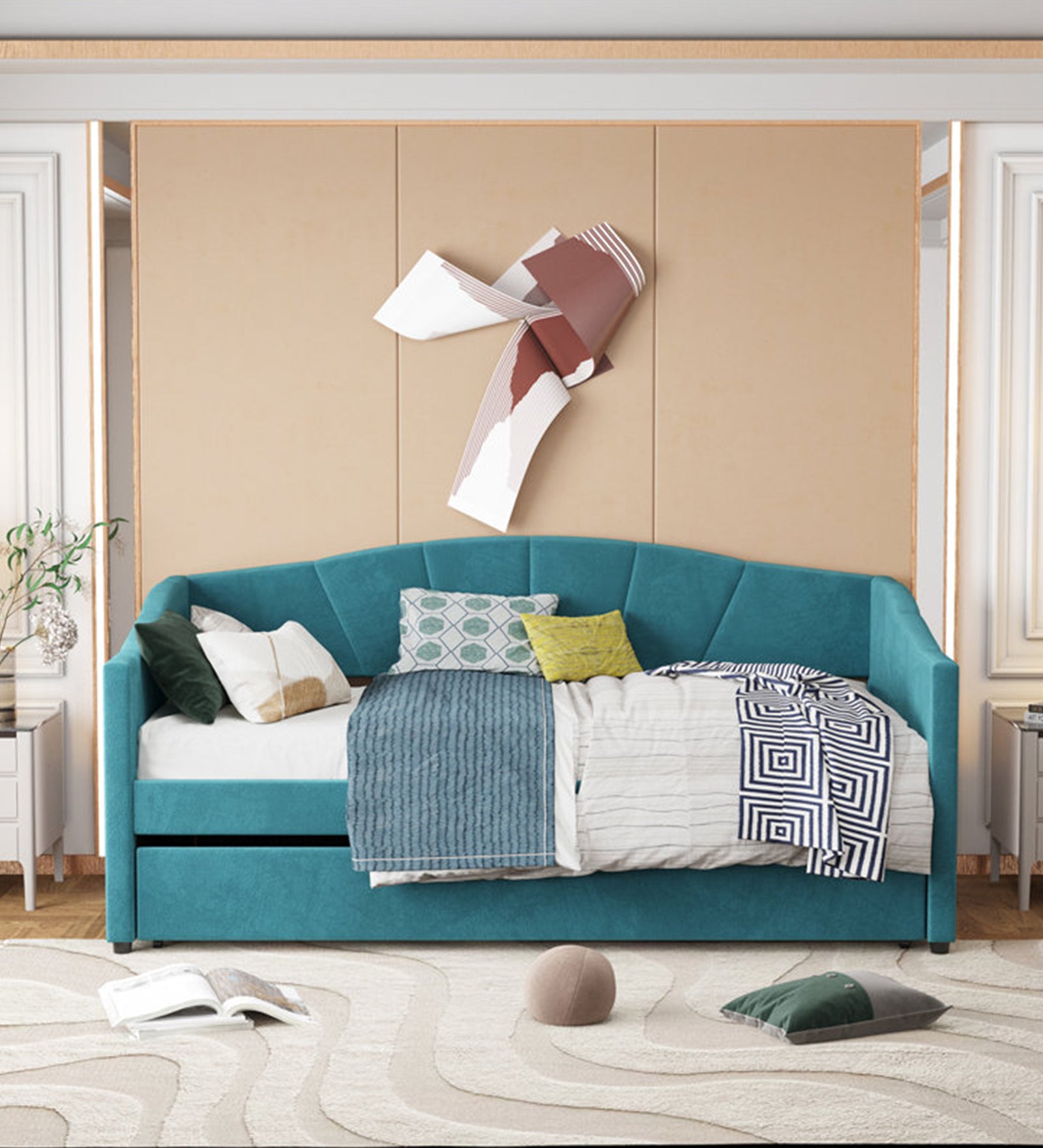 Doom Velvet Pull Out Sofa Cum Bed In Barmunda Aqua Colour - Febonic Living