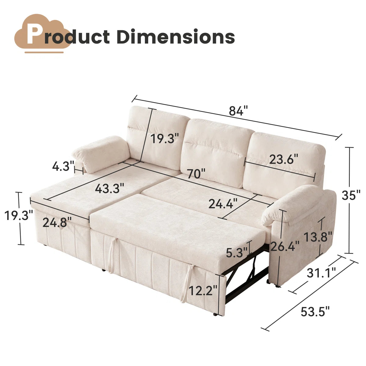 Onyx Velvet 3 Seater Pull Out Sofa Cum Bed In Warm White With Storage