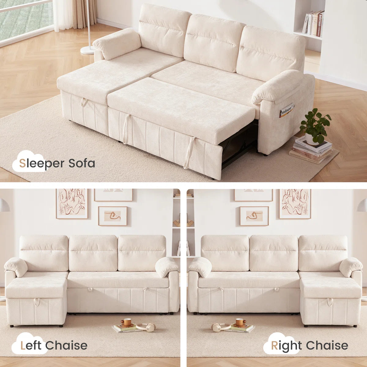 Onyx Velvet 3 Seater Pull Out Sofa Cum Bed In Warm White With Storage