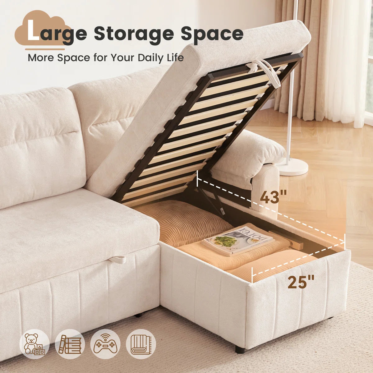 Onyx Velvet 3 Seater Pull Out Sofa Cum Bed In Warm White With Storage