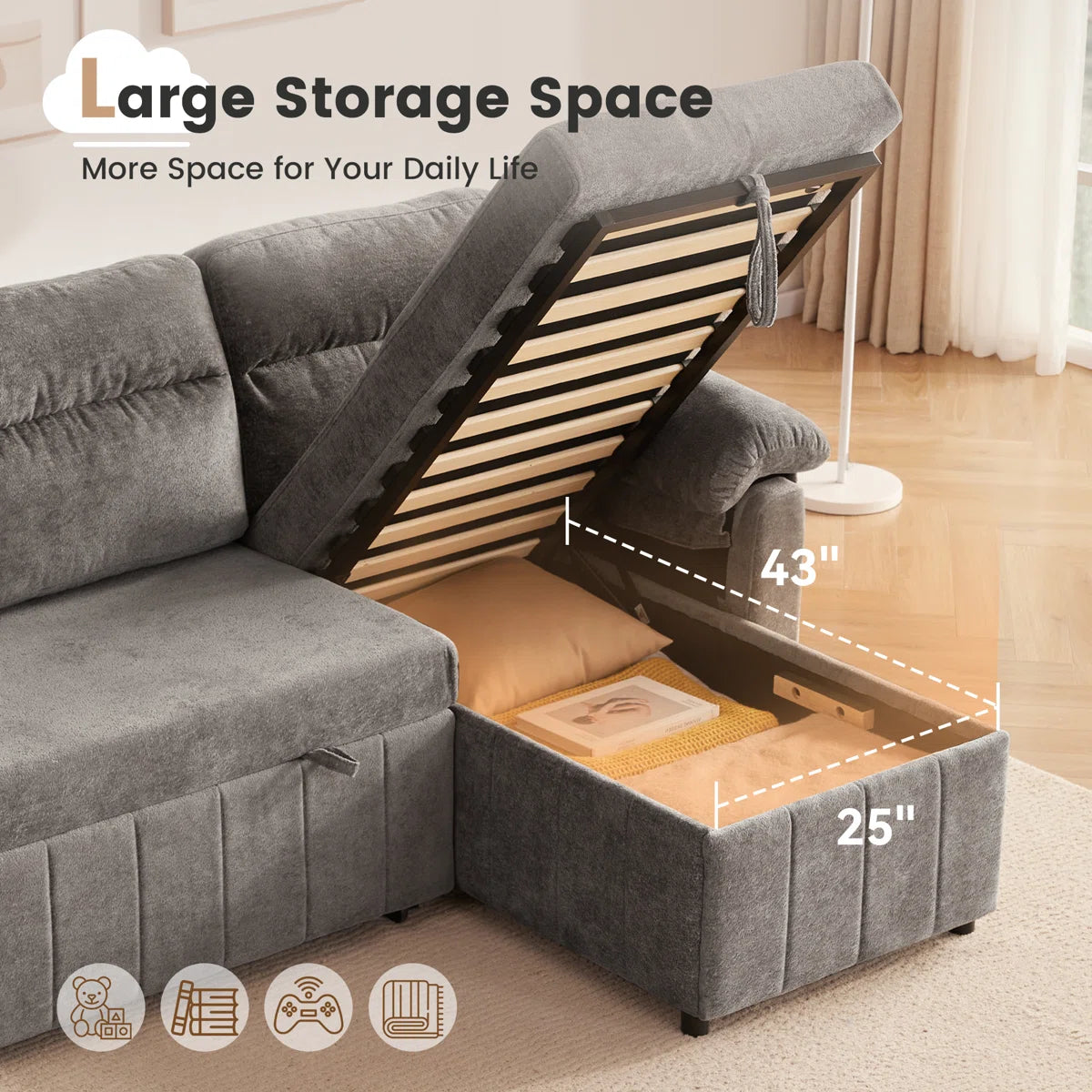 Onyx Velvet Pull Out Sofa Cum Bed In Charcoal Grey With Storage