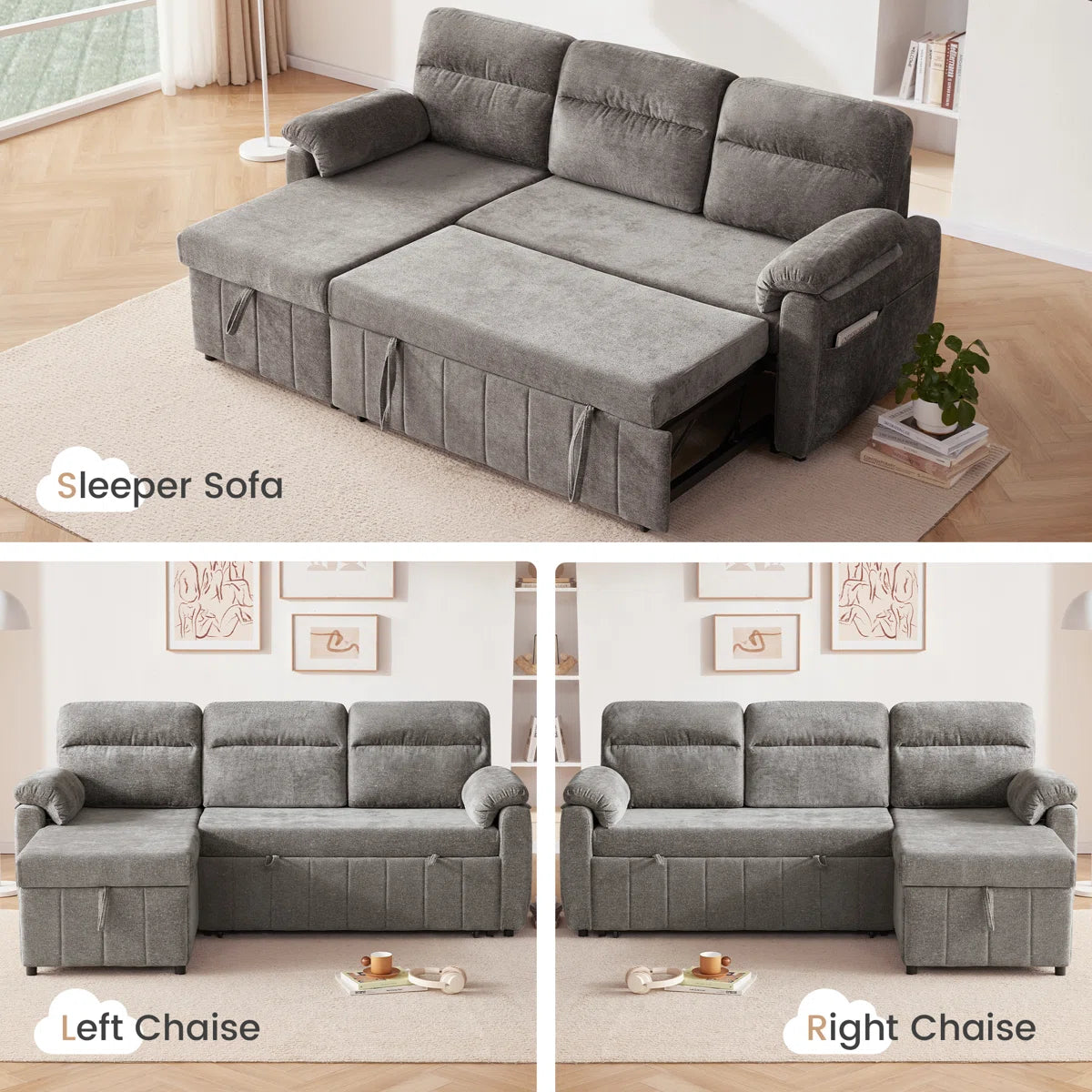 Onyx Velvet Pull Out Sofa Cum Bed In Charcoal Grey With Storage