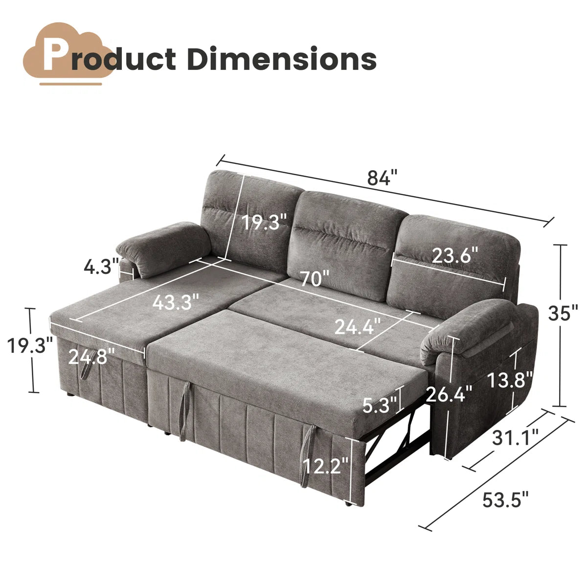 Onyx Velvet Pull Out Sofa Cum Bed In Charcoal Grey With Storage