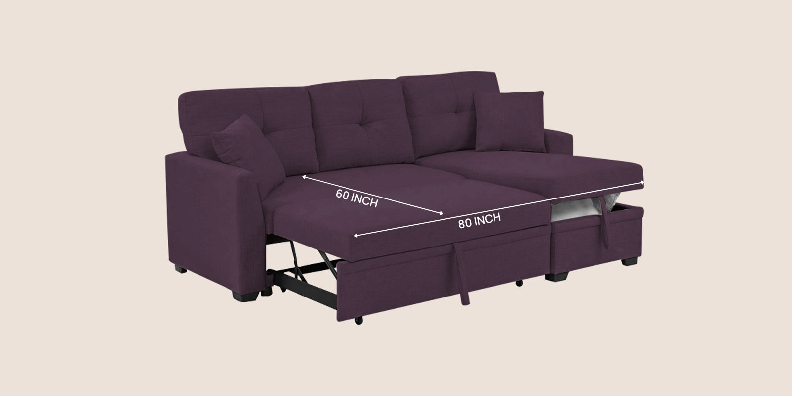 Jody Fabric 3 Seater Pull Out Sofa Cum Bed In Greek Purple Colour With Storage - Febonic Living