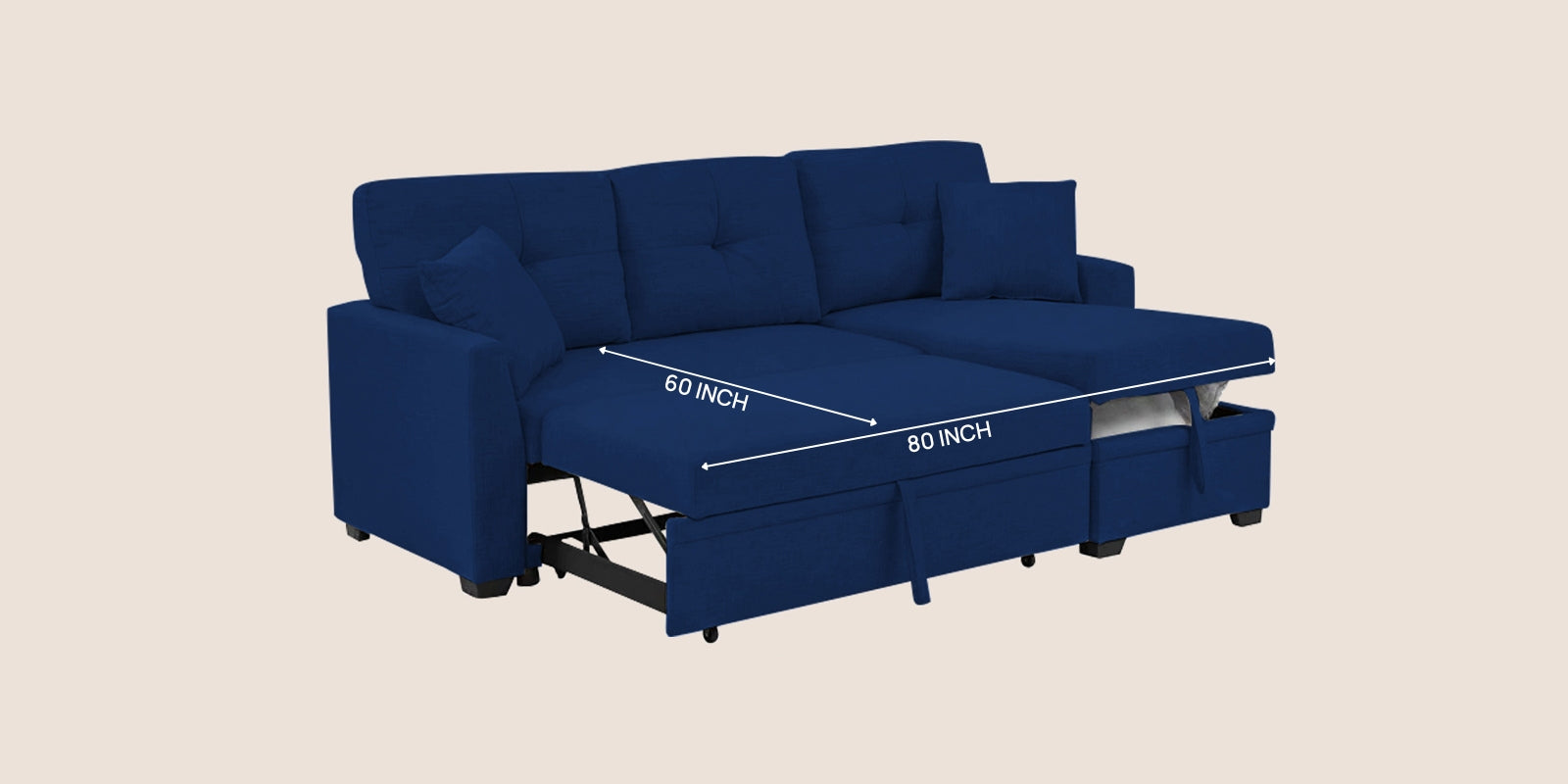 Jody Fabric 3 Seater Pull Out Sofa Cum Bed In Royal Blue Colour With Storage - Febonic Living