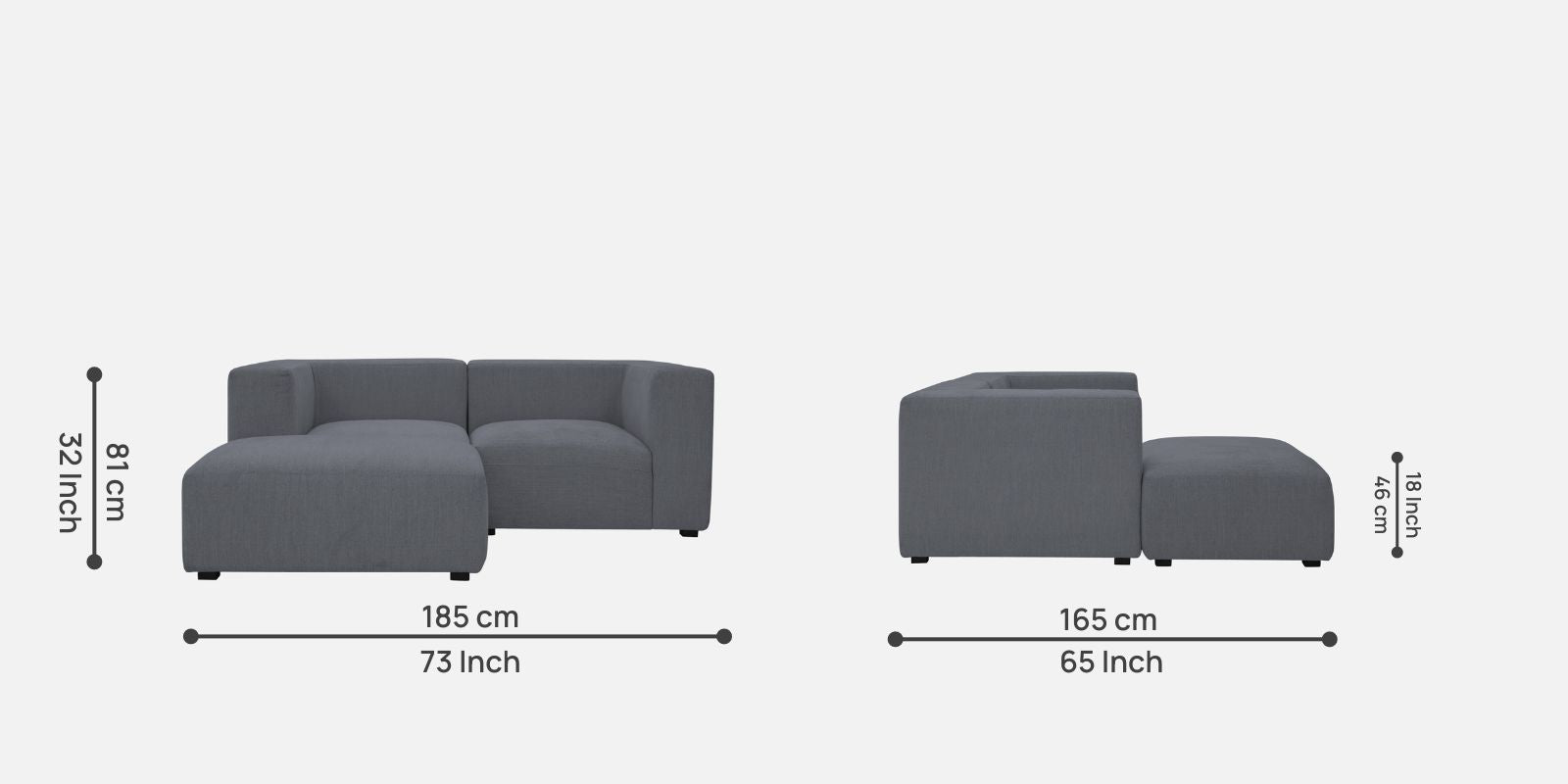 Dora Velvet RHS Sectional Sofa (2+Ottoman Lounger) In Pubble Grey Colour - Febonic Living