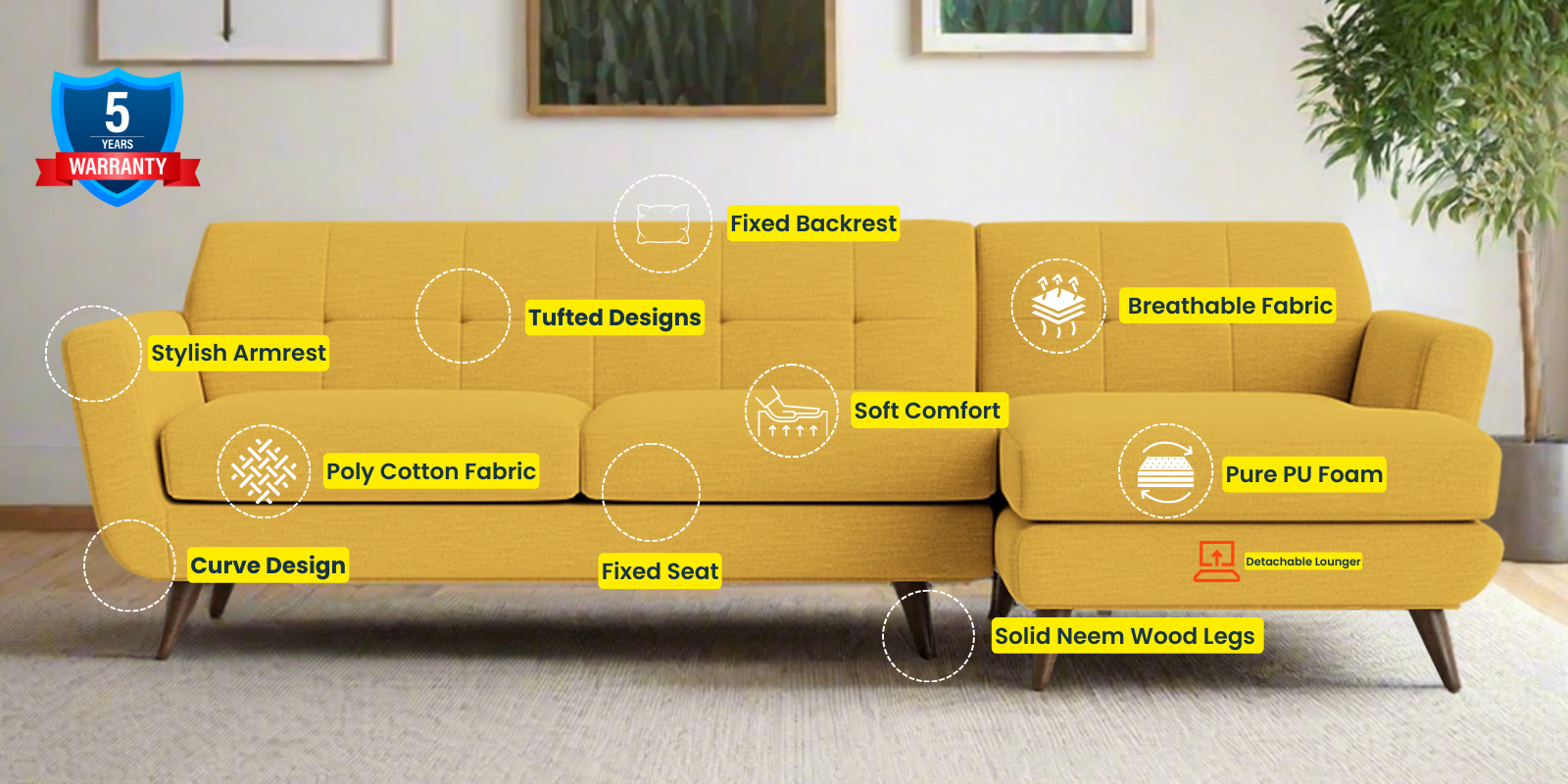 Jasmin Fabric LHS Sectional Sofa (3+ Lounger) In (3+ Lounger) Bold Yellow Colour - Febonic Living