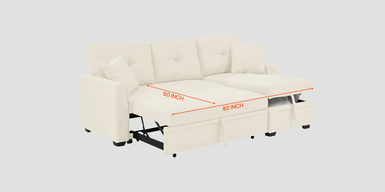 Jody Fabric 3 Seater Pull Out Sofa Cum Bed In Ivory Cream Colour With Storage - Febonic Living