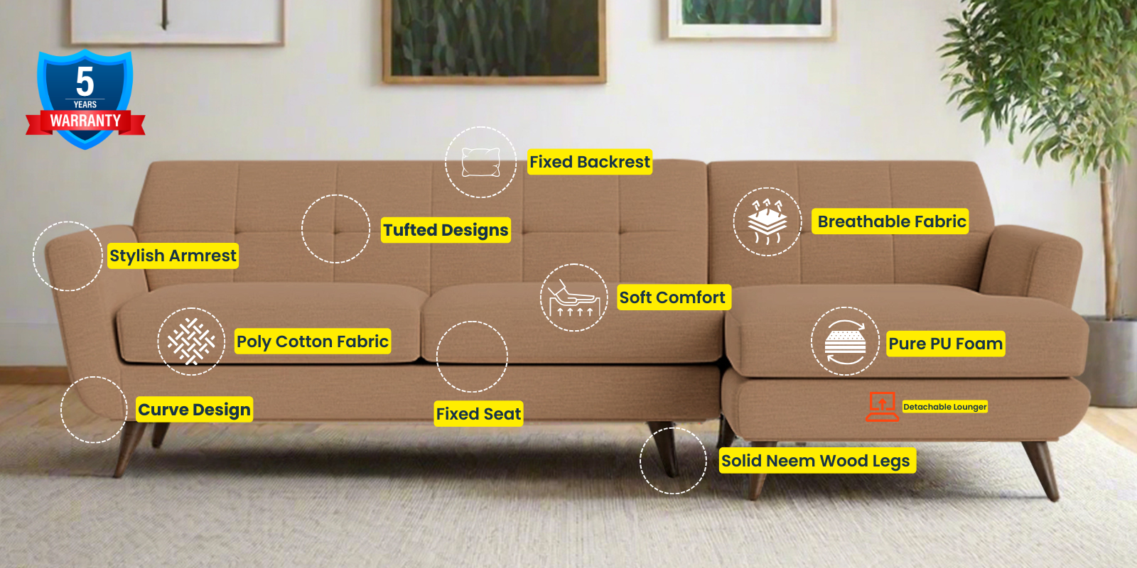 Jasmin Fabric LHS Sectional Sofa (3+ Lounger) In (3+ Lounger) Cosmic Beige Colour - Febonic Living