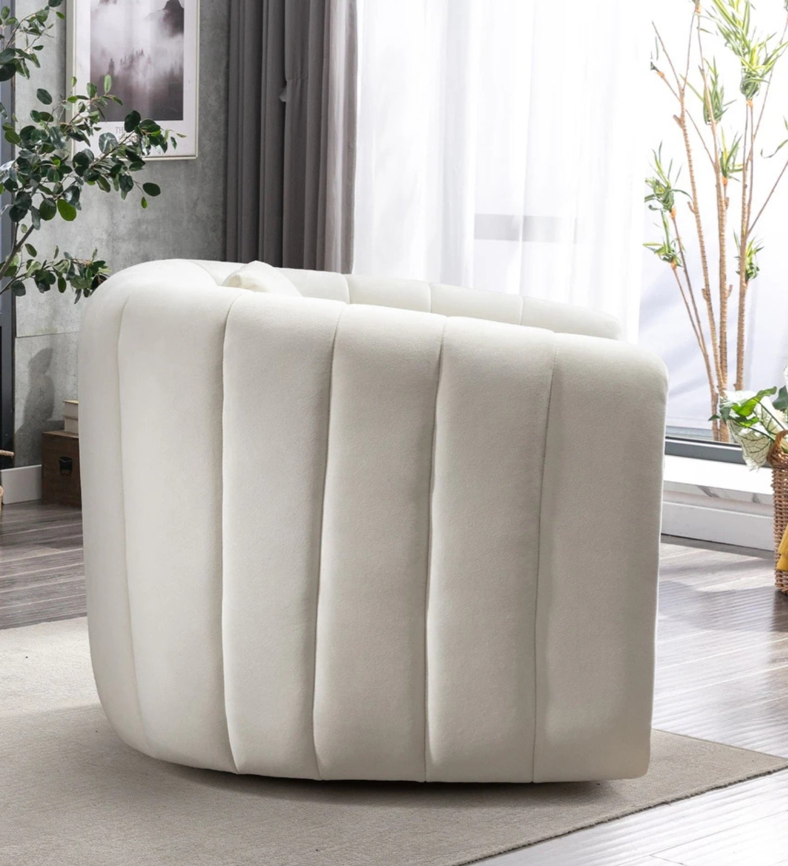 Oreo Velvet Swivel Chair in Warm White Colour
