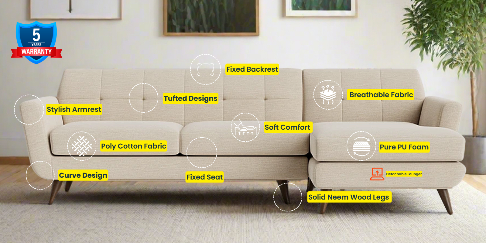Jasmin Fabric LHS Sectional Sofa In (3+ Lounger) Ivory Cream Colour - Febonic Living
