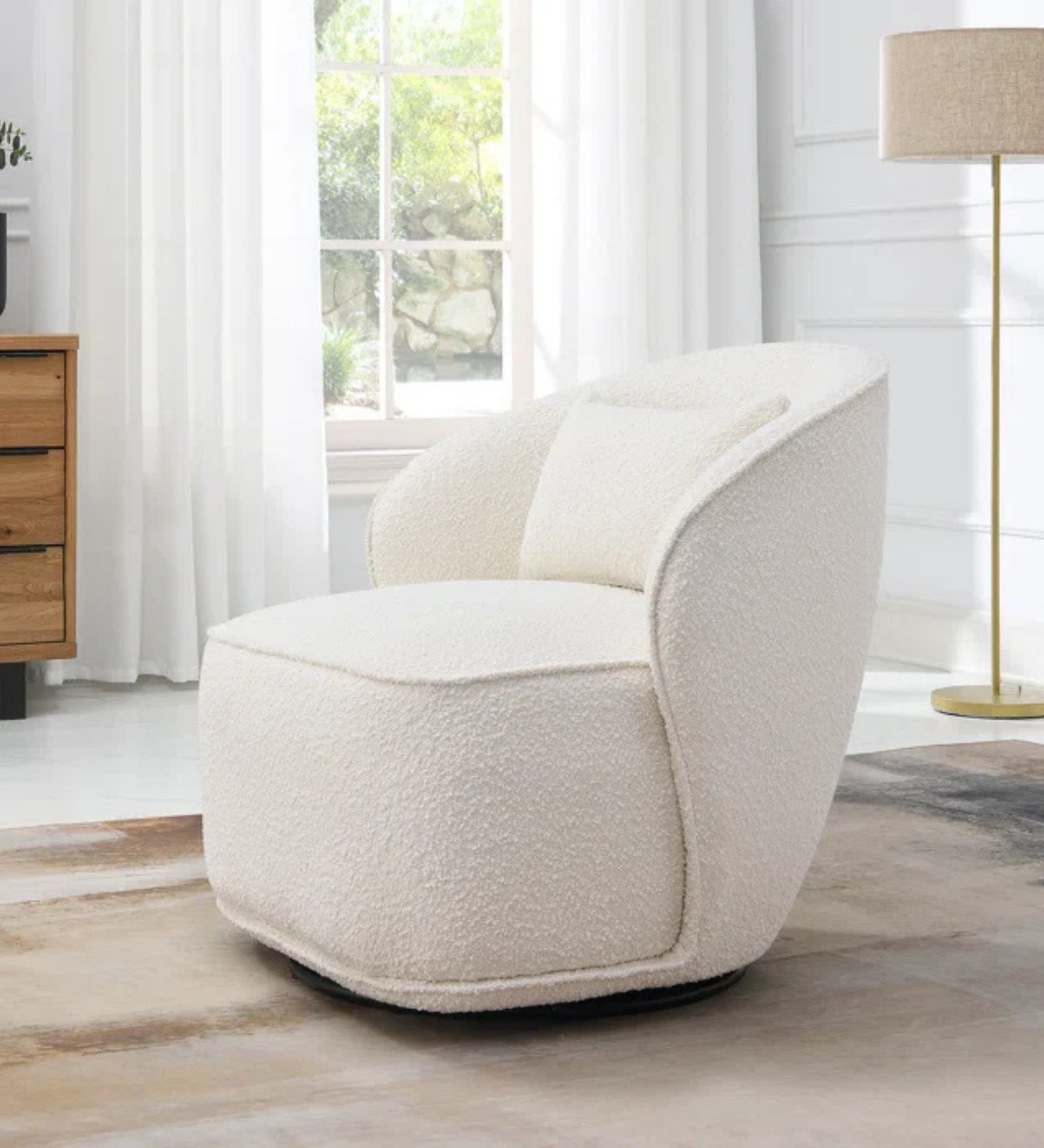 Hank Boucle Fabric Swivel Chair in Shell White Colour