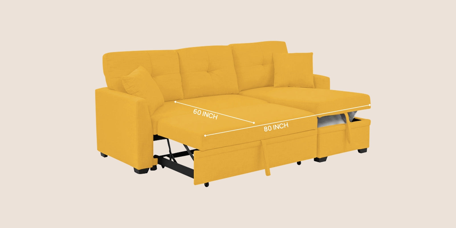 Jody Fabric 3 Seater Pull Out Sofa Cum Bed In Bold Yellow Colour With Storage - Febonic Living