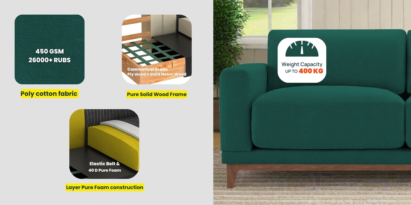 Esha Fabric 3 Seater Sofa In Kelly Green Colour - Febonic Living