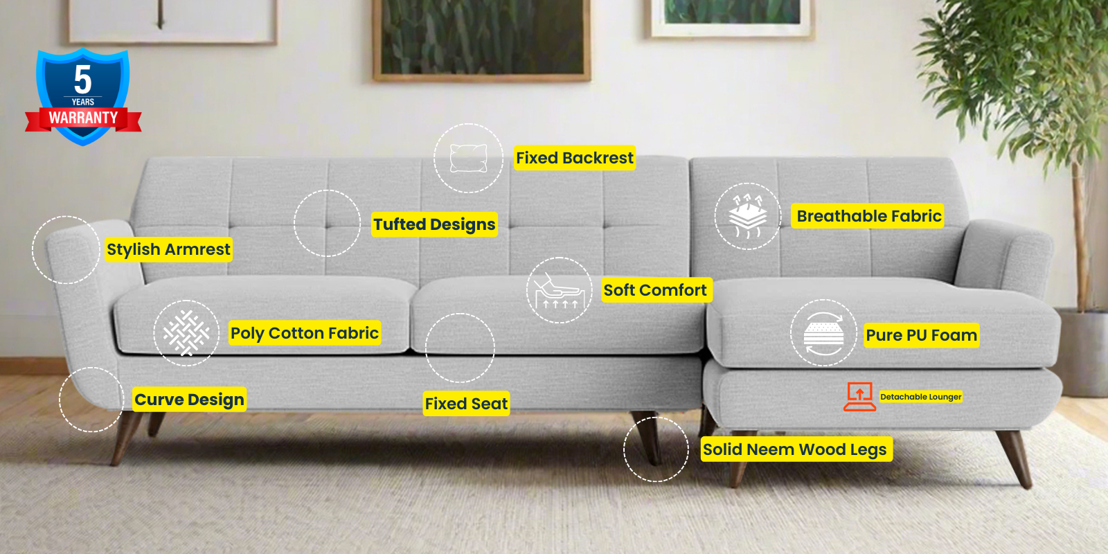 Jasmin Fabric LHS Sectional Sofa (3+ Lounger) In Lit Grey Colour - Febonic Living