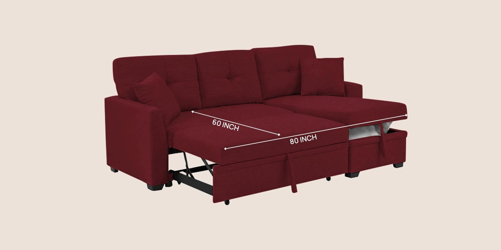 Jody Fabric 3 Seater Pull Out Sofa Cum Bed In Blood Maroon Colour With Storage - Febonic Living