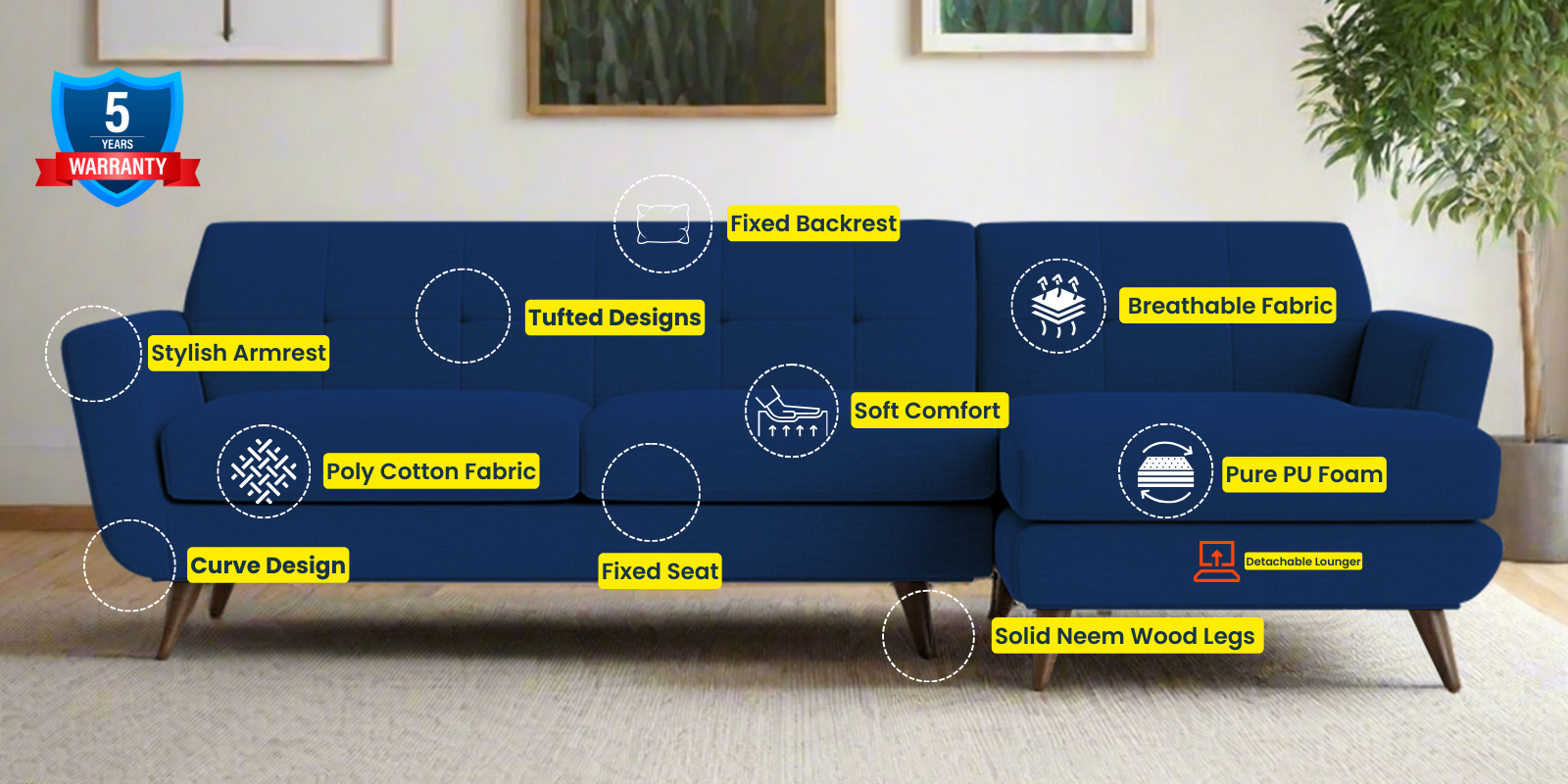 Jasmin Fabric LHS Sectional Sofa (3+ Lounger)In Royal Blue Colour - Febonic Living