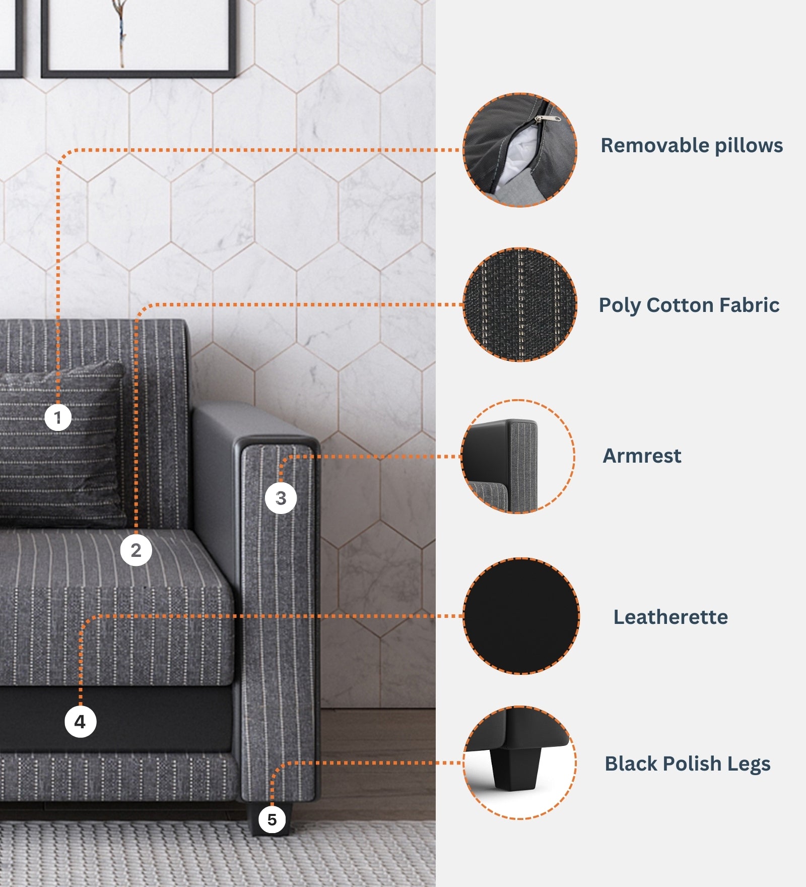 Juno Fabric 1 Seater Sofa In  Lama Black Colour - Febonic Living