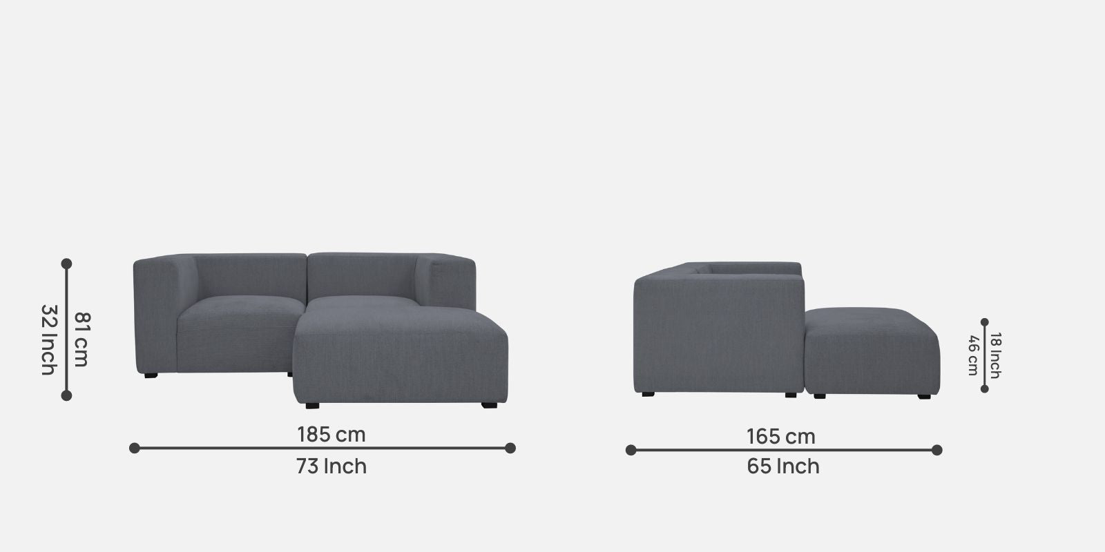 Dora Velvet LHS Sectional Sofa (2+Ottoman Lounger) In Pubble Grey Colour - Febonic Living