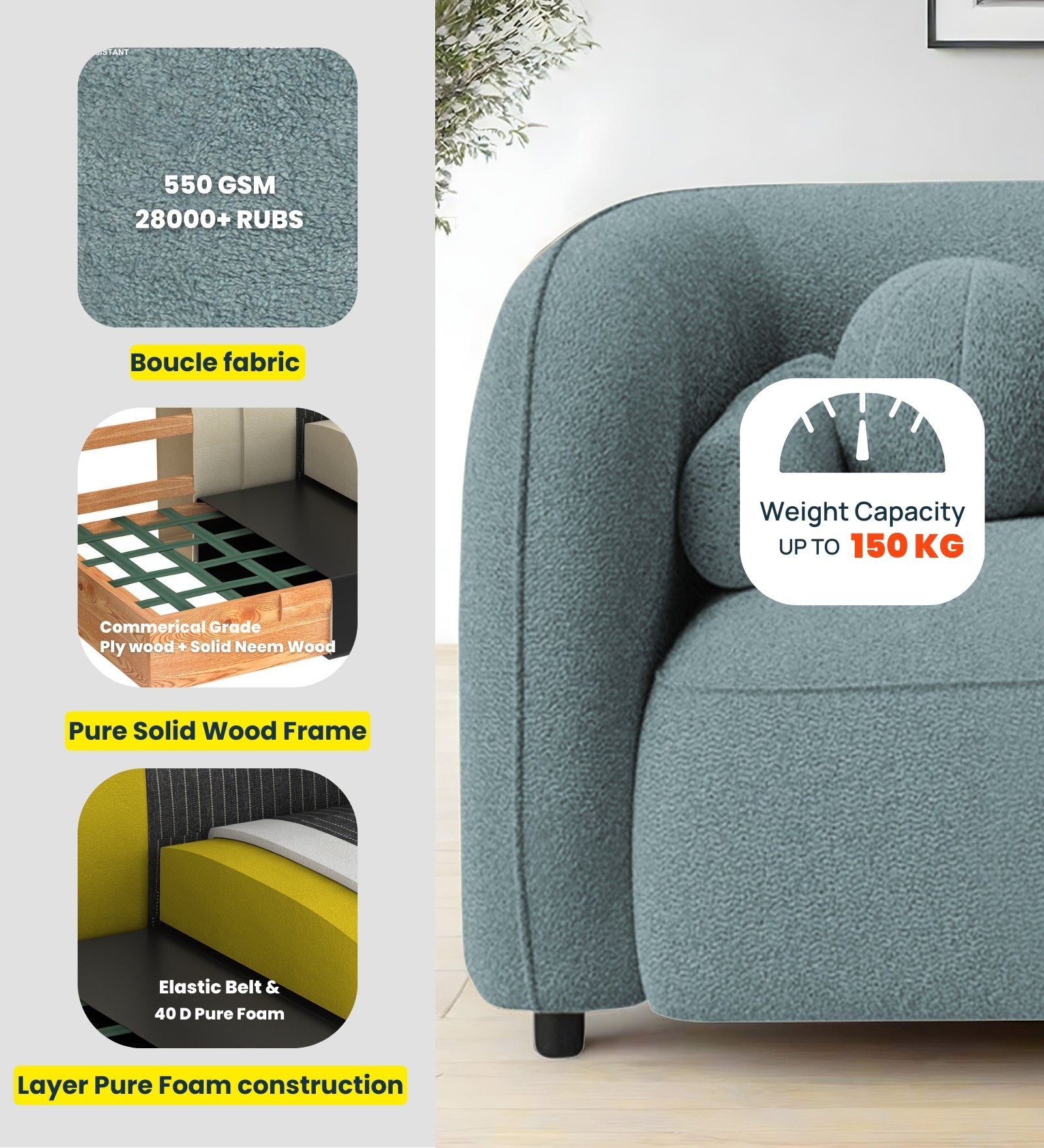 Corny Boucle Fabric 1 Seater Sofa In Rust Orange Colour - Febonic Living