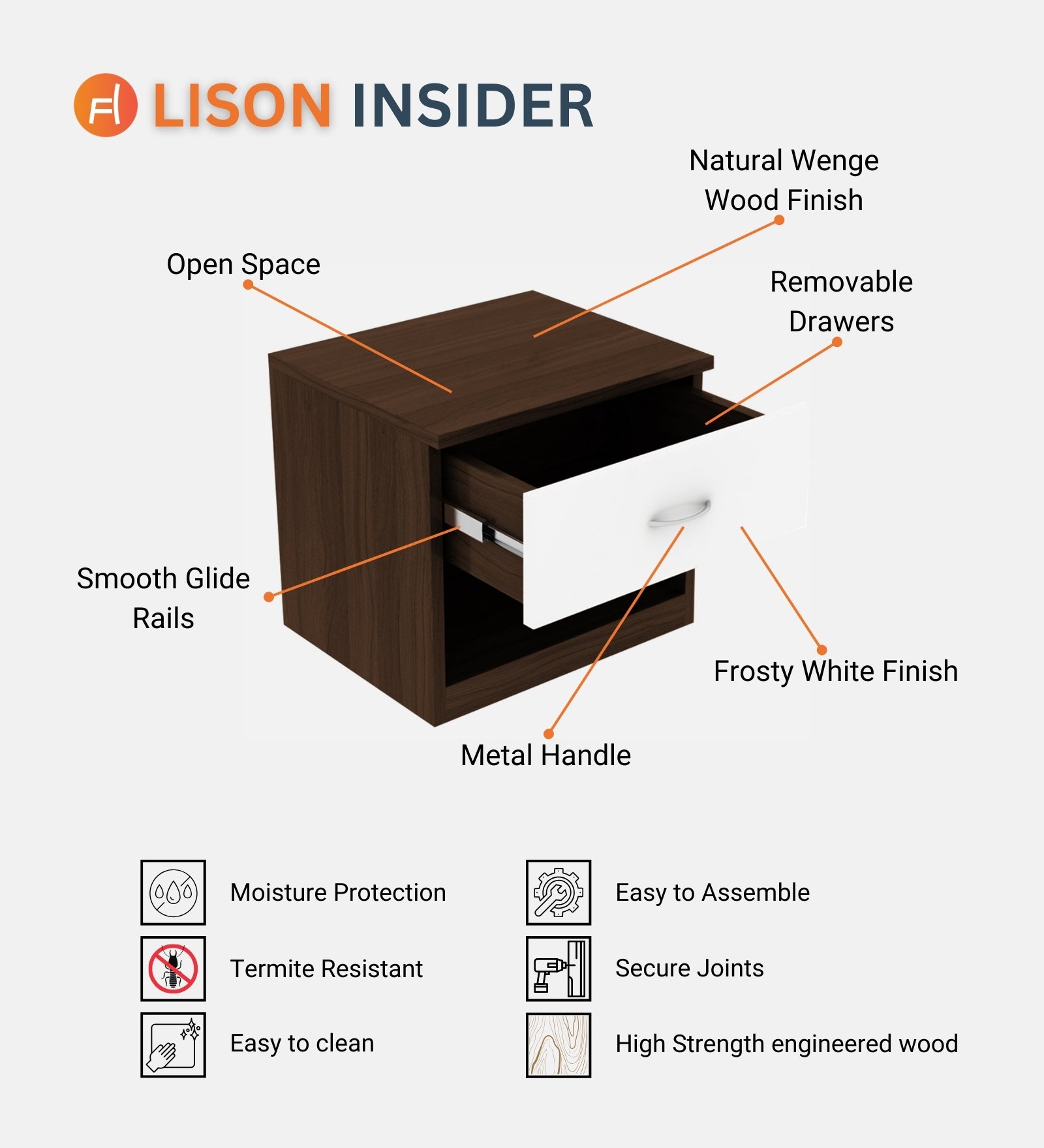 Lison Bedside Table With Drawer in Wenge & Frosty White Finish