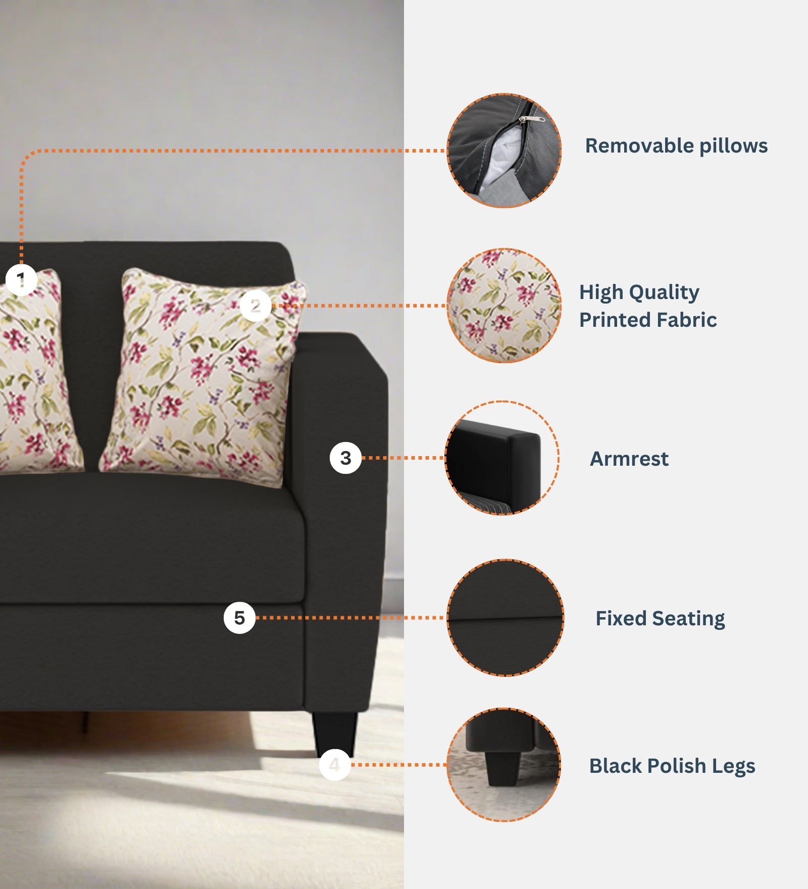 Gozi Fabric 1 Seater Sofa In Maba Grey Colour - Febonic Living