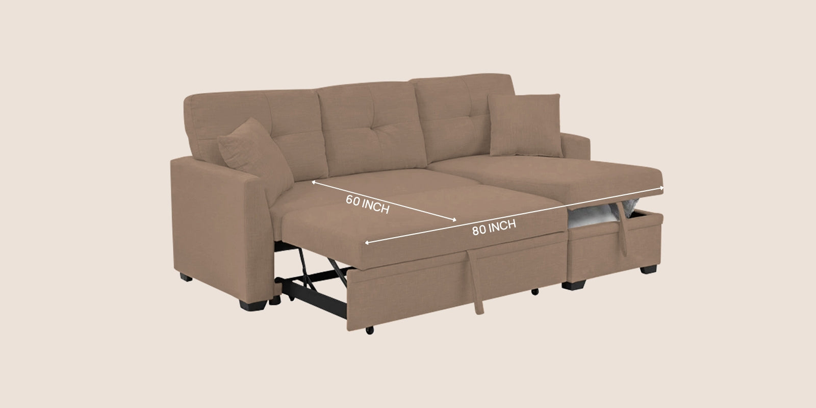 Jody Fabric 3 Seater Pull Out Sofa Cum Bed In Cookie Beige Colour With Storage - Febonic Living