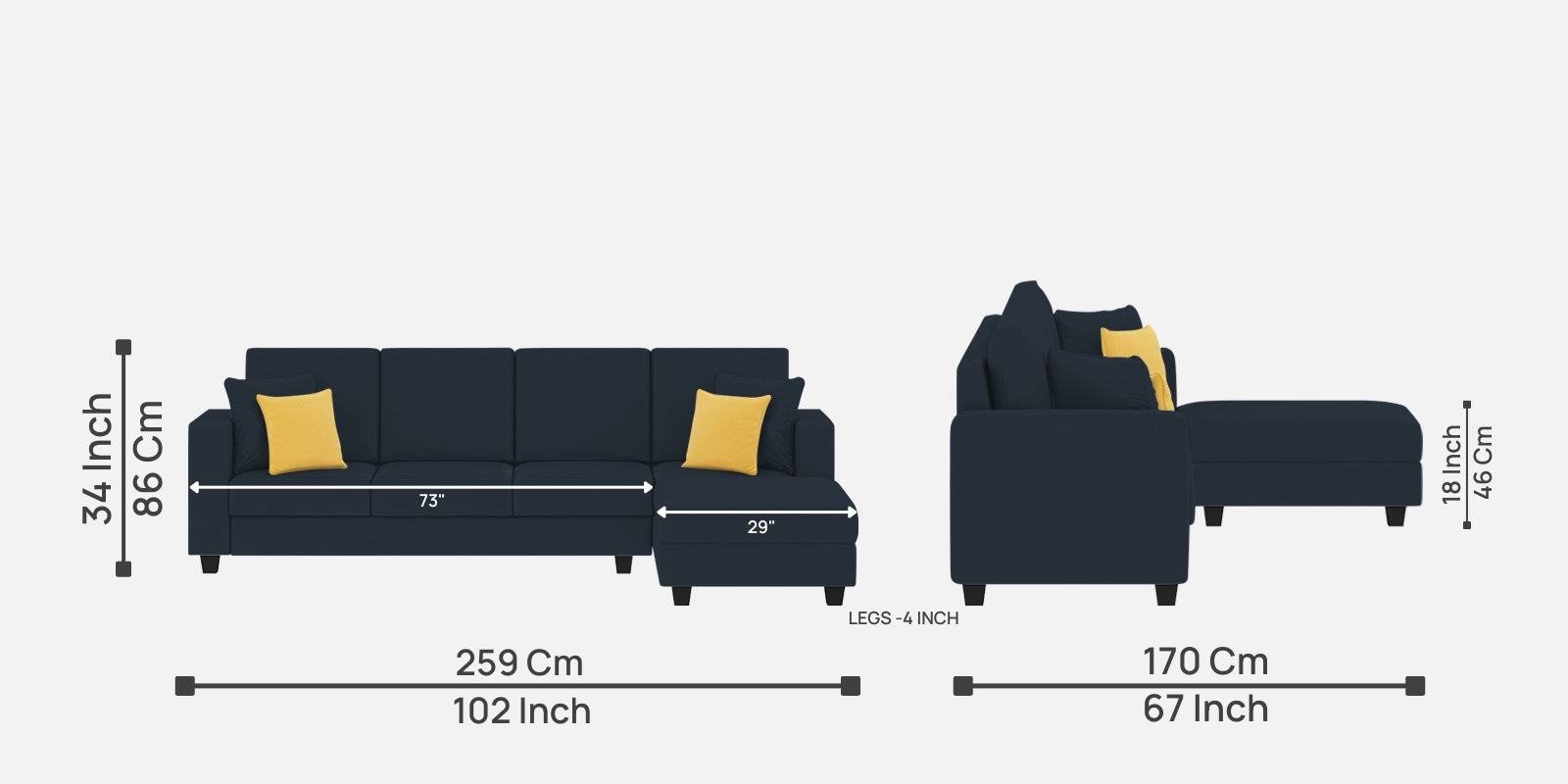 Nabi Fabric LHS Sectional Sofa (3+Lounger) In Denim Blue Colour - Febonic Living