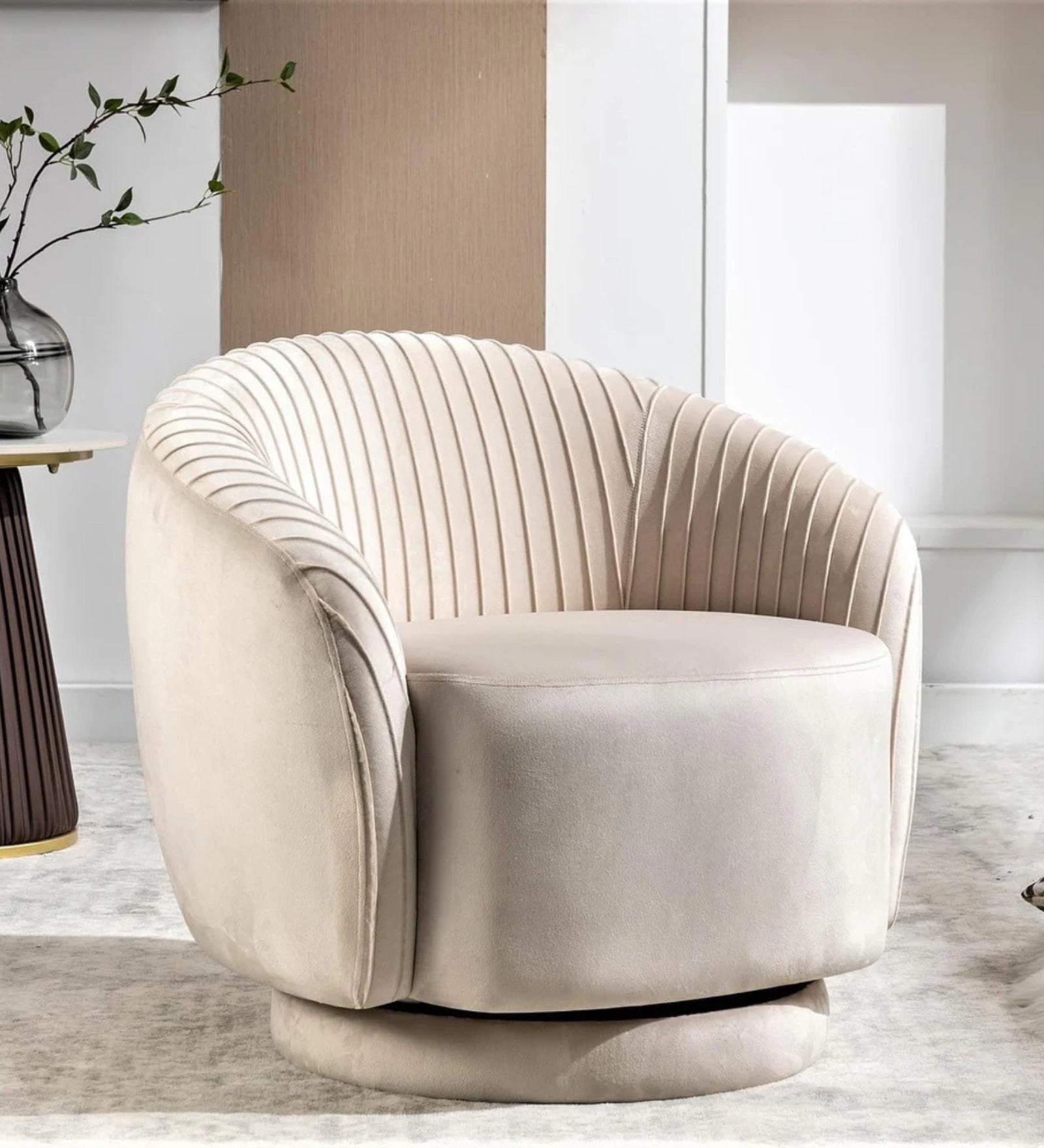 Milo Velvet Swivel Chair in Camel Beige Colour